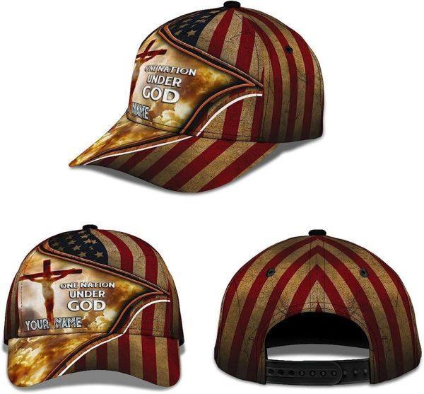 Christian Baseball Cap, Cross One Nation Under God American Flag Custom Name All Over Print Baseball Cap, Mens Baseball Cap, Women’s Baseball Cap