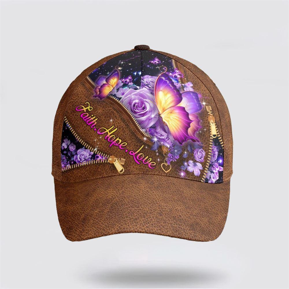 Christian Baseball Cap, Faith Hope Love Magical Butterfly Purple Roses Leather Style Baseball Cap, Mens Baseball Cap, Women’s Baseball Cap