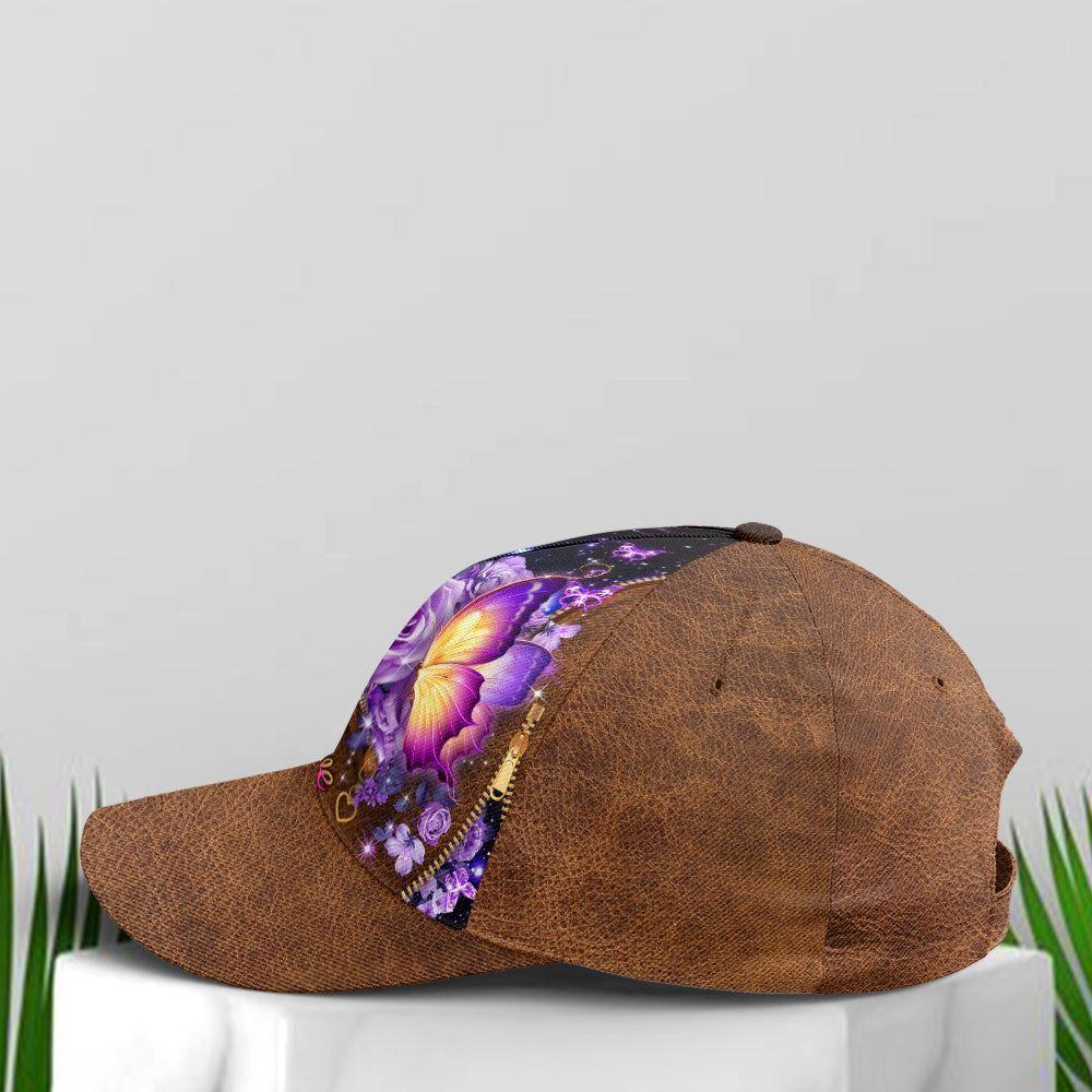Christian Baseball Cap, Faith Hope Love Magical Butterfly Purple Roses Leather Style Baseball Cap, Mens Baseball Cap, Women’s Baseball Cap