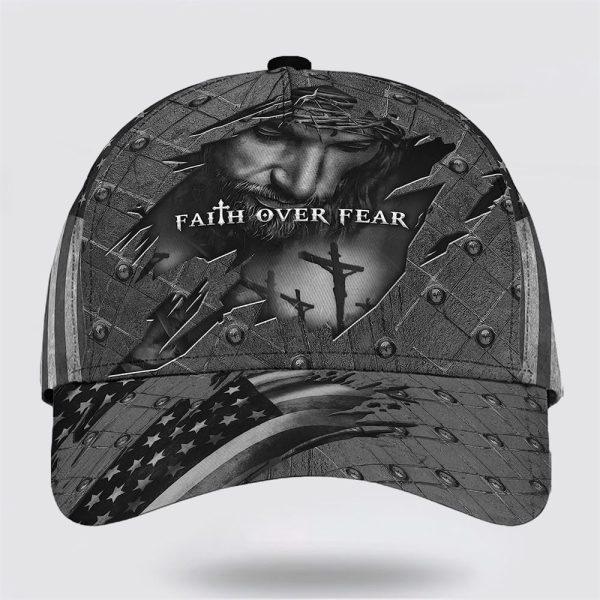 Christian Baseball Cap, Faith Over Fear God With Cross And American Flag All Over Print Baseball Cap, Mens Baseball Cap, Women’s Baseball Cap