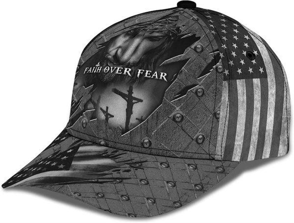 Christian Baseball Cap, Faith Over Fear God With Cross And American Flag All Over Print Baseball Cap, Mens Baseball Cap, Women’s Baseball Cap