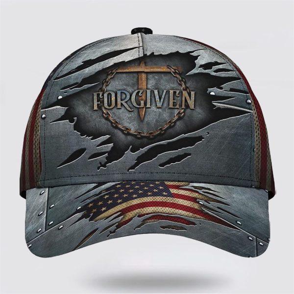 Christian Baseball Cap, Forgiven Nail Cross With American Flag All Over Print Baseball Cap, Mens Baseball Cap, Women’s Baseball Cap