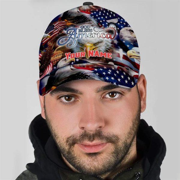 Christian Baseball Cap, God Bless America Bald Eagles America Flag Custom Name All Over Print Baseball Cap, Mens Baseball Cap, Women’s Baseball Cap