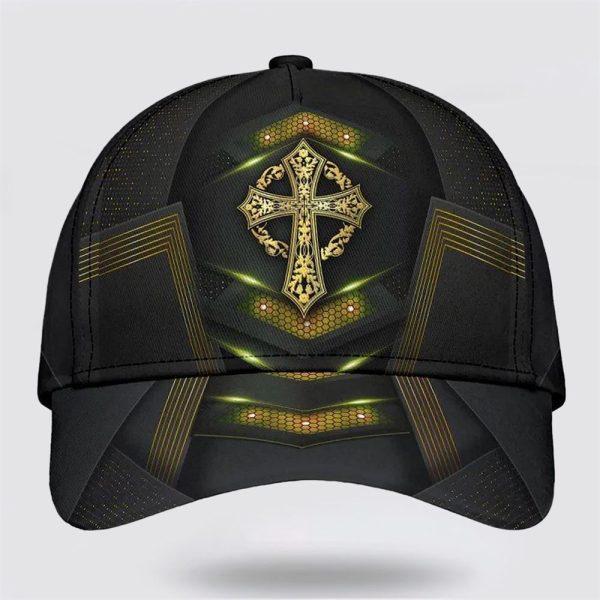 Christian Baseball Cap, God Cross Metal Gold All Over Print Baseball Cap, Mens Baseball Cap, Women’s Baseball Cap