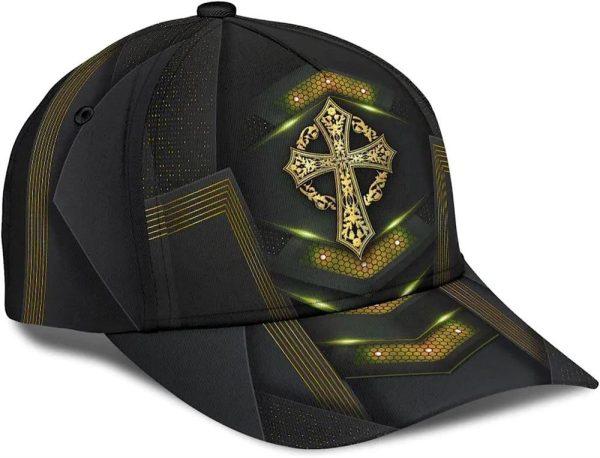 Christian Baseball Cap, God Cross Metal Gold All Over Print Baseball Cap, Mens Baseball Cap, Women’s Baseball Cap