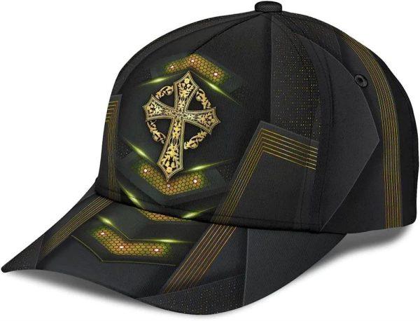 Christian Baseball Cap, God Cross Metal Gold All Over Print Baseball Cap, Mens Baseball Cap, Women’s Baseball Cap