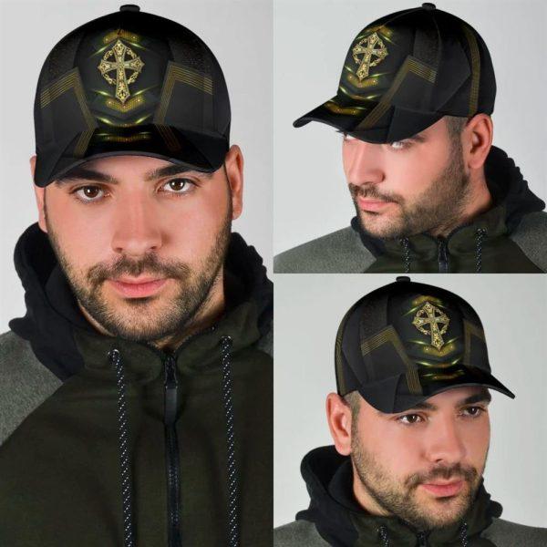 Christian Baseball Cap, God Cross Metal Gold All Over Print Baseball Cap, Mens Baseball Cap, Women’s Baseball Cap