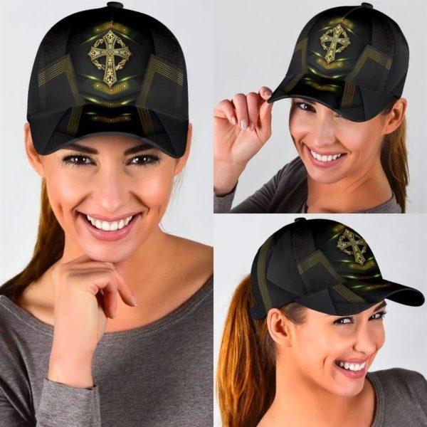 Christian Baseball Cap, God Cross Metal Gold All Over Print Baseball Cap, Mens Baseball Cap, Women’s Baseball Cap