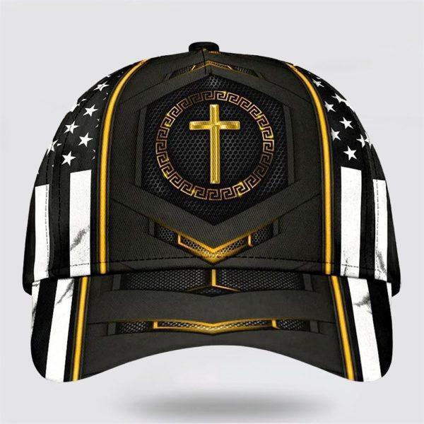 Christian Baseball Cap, Jesus Gold Flag Cross All Over Print Baseball Cap, Mens Baseball Cap, Women’s Baseball Cap