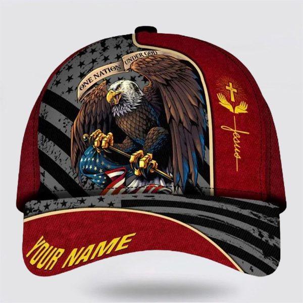 Christian Baseball Cap, One Nation Under God Eagle Custom Name Classic Hat All Over Print, Mens Baseball Cap, Women’s Baseball Cap