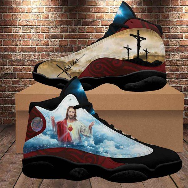 Christian Basketball Shoes, Cross Jesus Portrait Art With Heart Basketball Shoes, Jesus Shoes, Christian Fashion Shoes