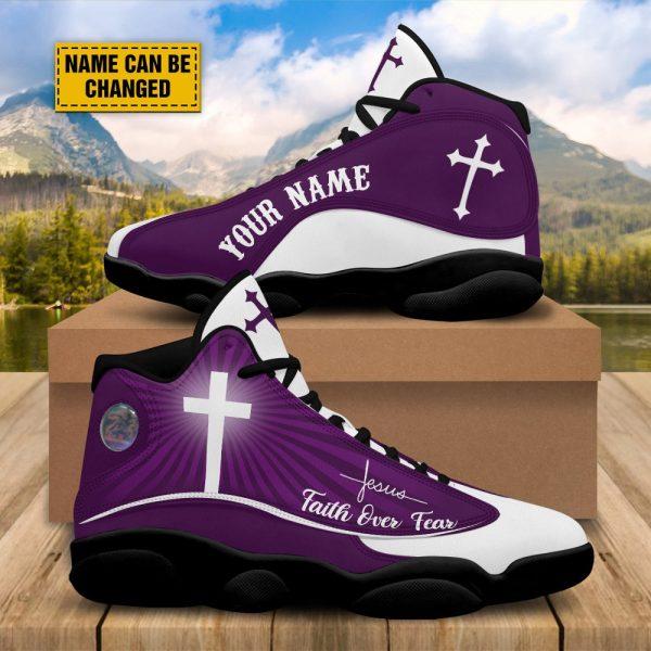 Christian Basketball Shoes, Faith Over Fear Customized Purple Jesus Basketball Shoes, Jesus Shoes, Christian Fashion Shoes