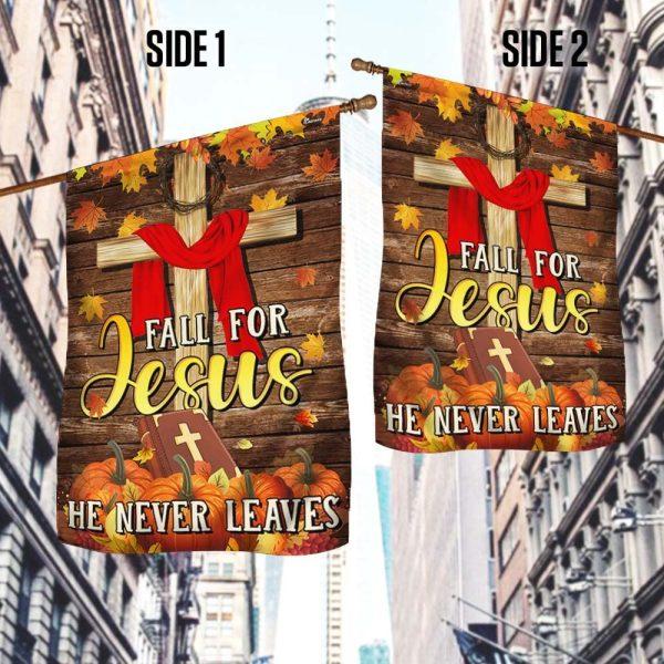 Christian Fall For Jesus He Never Leaves Thanksgiving Halloween Pumpkins Fall Flag – Thanksgiving Flag Outdoor Decoration