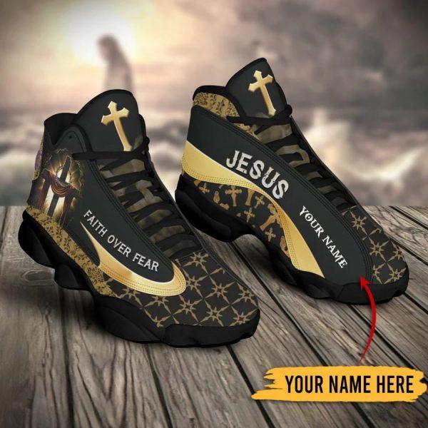 Christian Shoes, Faith Over Fear Personalized Jd13 Gold Shoes For The Devout Heart, Jesus Christ Shoes, Jesus Jd13 Shoes