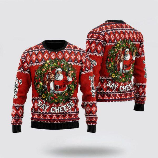 Christian Sweater, Funny Jesus And Funny Santa Say Cheese Ugly Christmas Sweater, Jesus Christmas Sweater, Jesus Saves Shirt