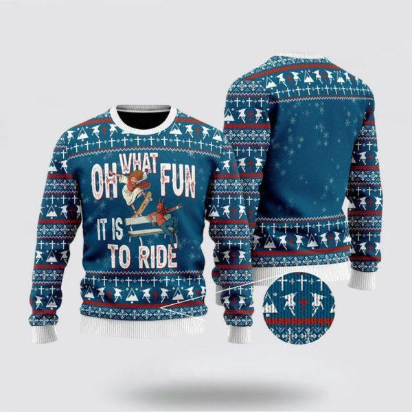 Christian Sweater, Funny Jesus Ride Skateboarding With Satan Ugly Christmas Sweater, Jesus Christmas Sweater, Jesus Saves Shirt