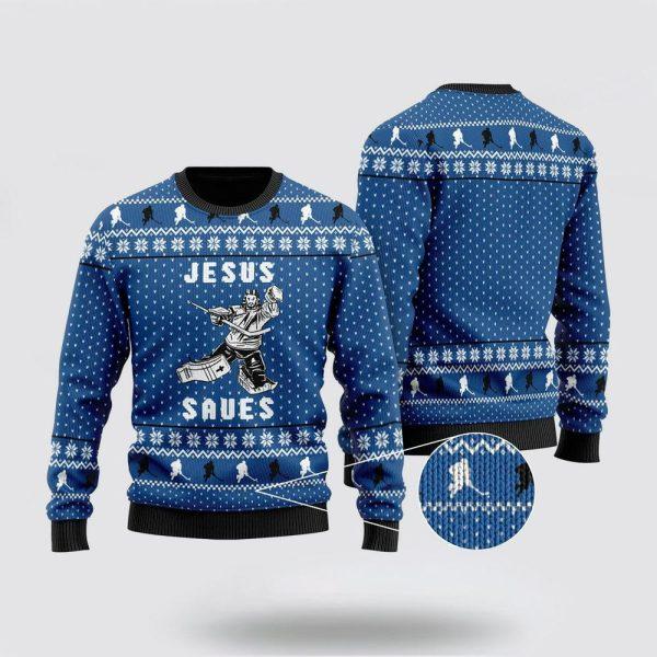 Christian Sweater, Hockey Jesus Saves Christmas Ugly Christmas Sweater, Jesus Christmas Sweater, Jesus Saves Shirt