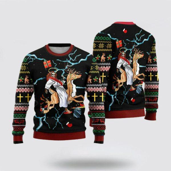 Christian Sweater, Jesus Riding Reindeer Black Ugly Christmas Sweater, Jesus Christmas Sweater, Jesus Saves Shirt