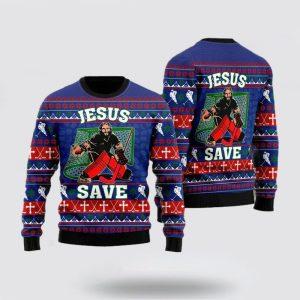 Christian Sweater, Jesus Saves Hockey Ugly Christmas…