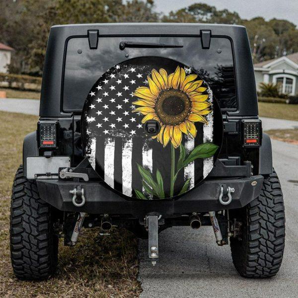 Christian Tire Cover, American Flag Sunflower Camping Truck Tire Cover, Jesus Tire Cover, Spare Tire Cover
