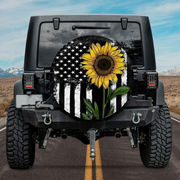 Christian Tire Cover, American Flag Sunflower Camping Truck Tire Cover, Jesus Tire Cover, Spare Tire Cover