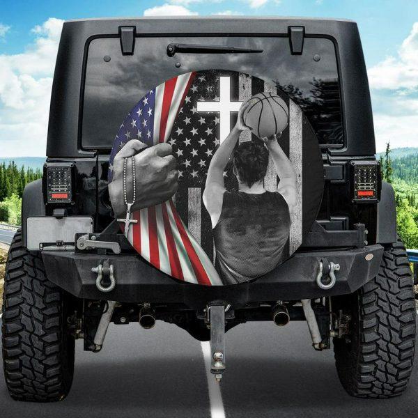 Christian Tire Cover, Basketball Player American Flag Jesus Christ Bible Spare Tire Cover, Jesus Tire Cover, Spare Tire Cover