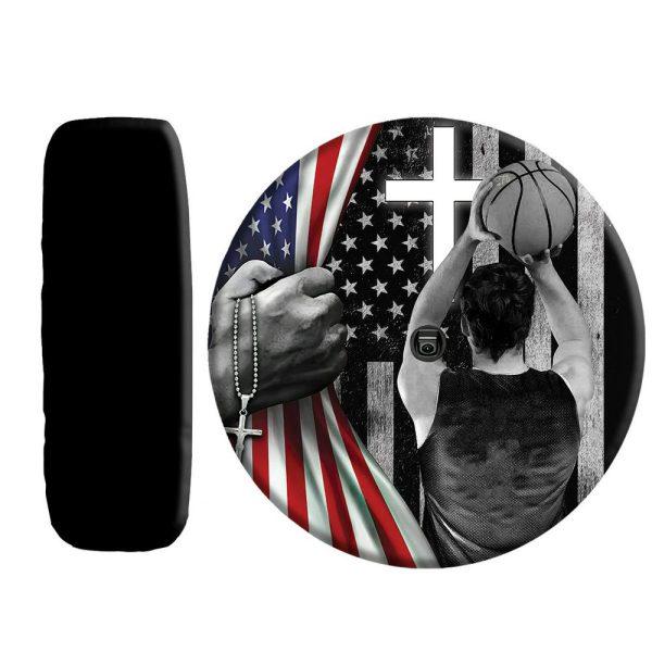 Christian Tire Cover, Basketball Player American Flag Jesus Christ Bible Spare Tire Cover, Jesus Tire Cover, Spare Tire Cover