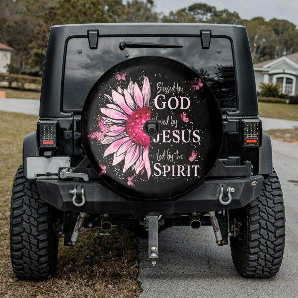 Christian Tire Cover, Blessed By God Loved By Jesus Pink Sunflower Spare Tire Cover, Jesus Tire Cover, Spare Tire Cover