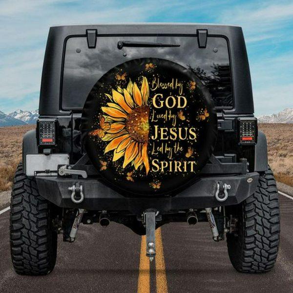 Christian Tire Cover, Blessed By God Loved By Jesus Sunflower Spare Tire Cover, Jesus Tire Cover, Spare Tire Cover