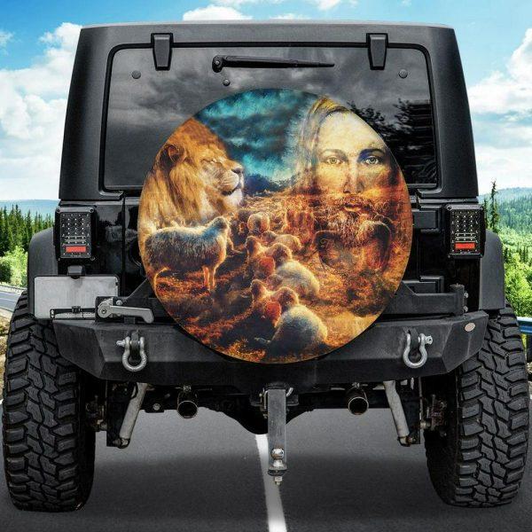 Christian Tire Cover, Jesus And Lambs And Lion God Power Lion Tire Cover, Jesus Tire Cover, Spare Tire Cover