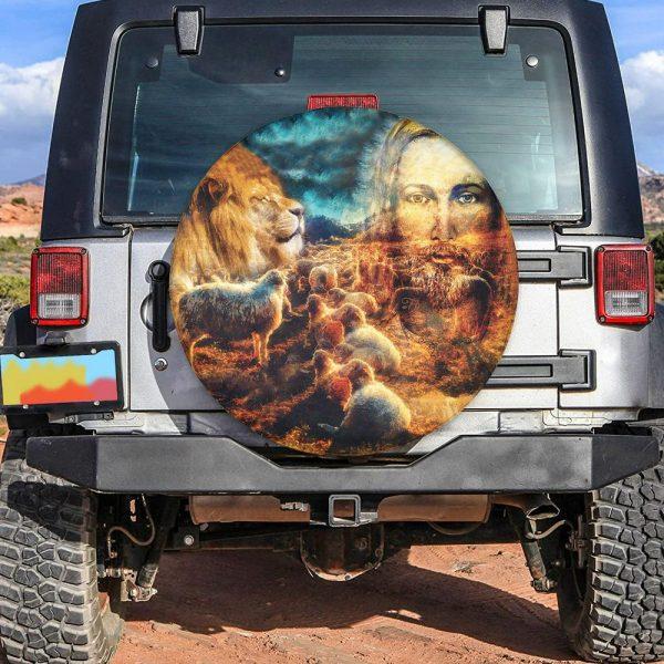 Christian Tire Cover, Jesus And Lambs And Lion God Power Lion Tire Cover, Jesus Tire Cover, Spare Tire Cover