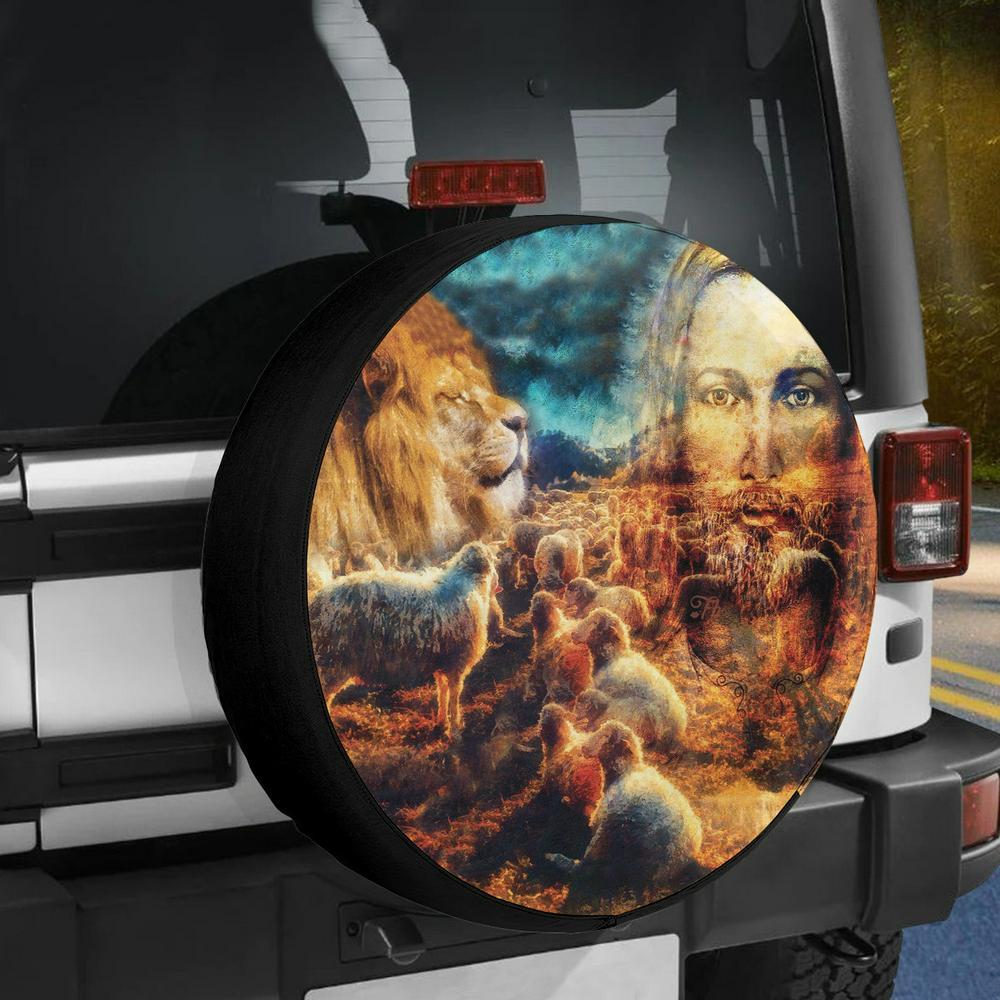 Christian Tire Cover, Jesus And Lambs And Lion God Power Lion Tire Cover, Jesus Tire Cover, Spare Tire Cover Christian Tire Cover, Jesus And Lambs And Lion God Power Lion Tire Cover, Jesus Tire Cover, Spare Tire Cover