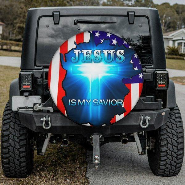 Christian Tire Cover, Jesus Is My Savior Crack Usa Flag Wheel One Nation Under God Spare Tire Cover, Jesus Tire Cover, Spare Tire Cover