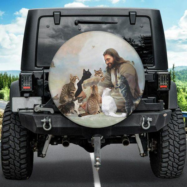 Christian Tire Cover, Jesus With Cats Spare Tire Cover, Jesus Tire Cover, Spare Tire Cover