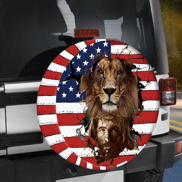 Christian Tire Cover, Lion Jesus American Flag Tire Cover, Jesus Tire Cover, Spare Tire Cover