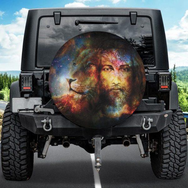Christian Tire Cover, Painting Jesus With Lion In Space Tire Cover, Jesus Tire Cover, Spare Tire Cover