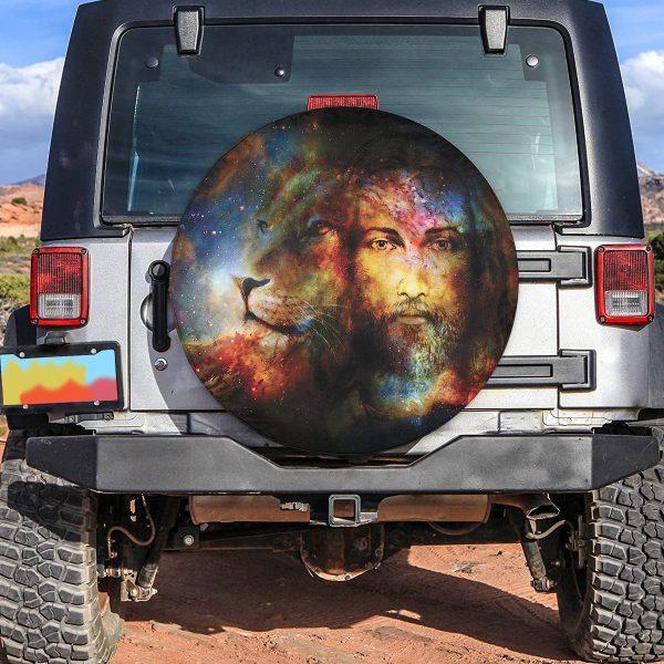 Christian Tire Cover, Painting Jesus With Lion In Space Tire Cover, Jesus Tire Cover, Spare Tire Cover