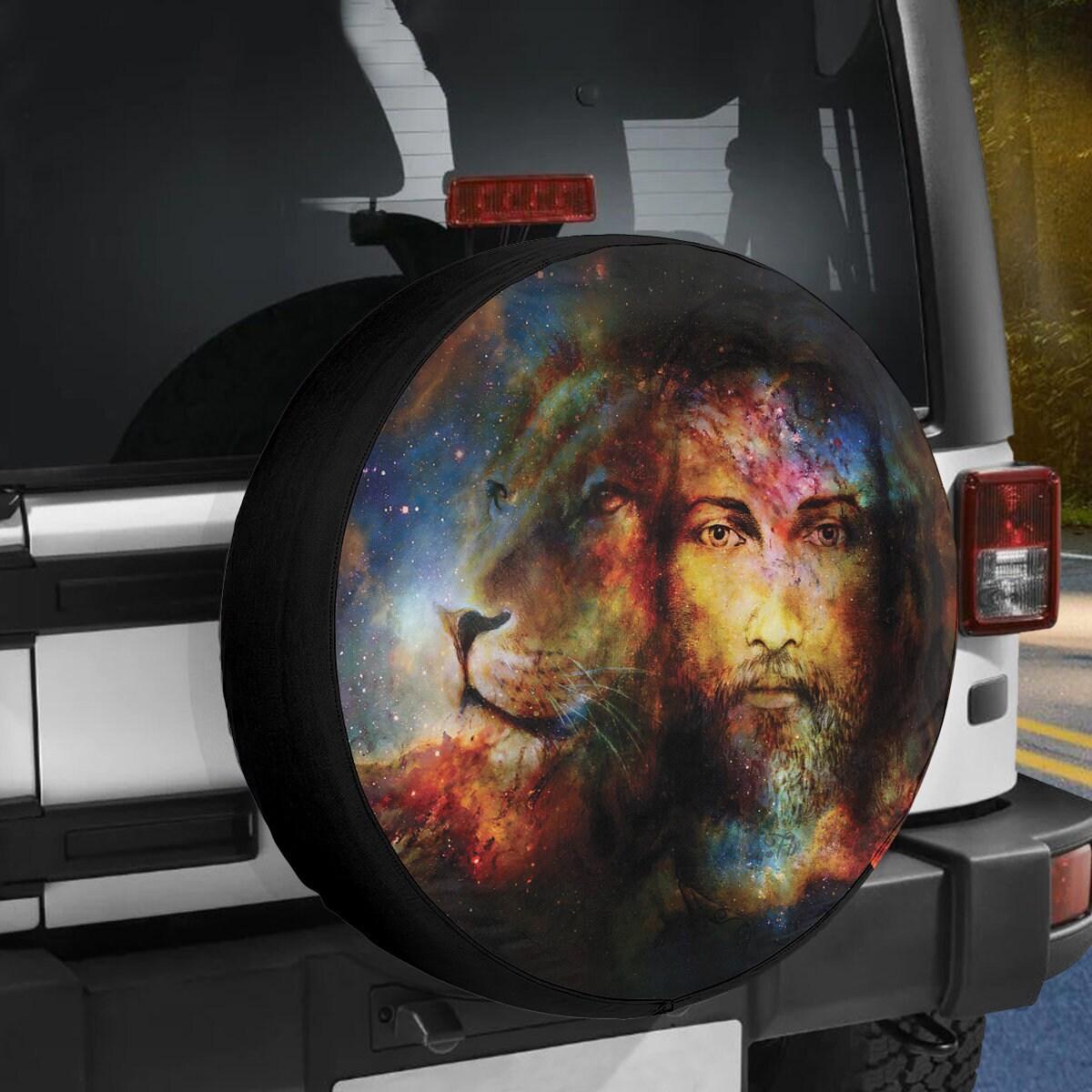 Christian Tire Cover, Painting Jesus With Lion In Space Tire Cover, Jesus Tire Cover, Spare Tire Cover