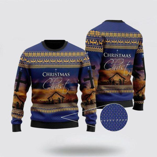 Christian Ugly Christmas Sweater, Christmas Begins With Christ Ugly Christmas Sweater, Religious Christmas Sweaters