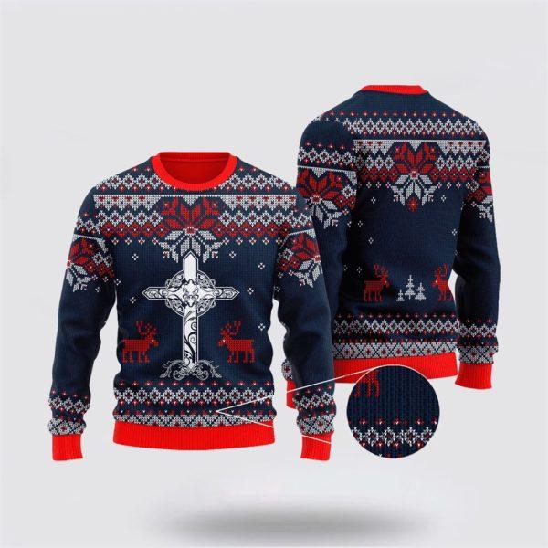 Christian Ugly Christmas Sweater, Dark Blue Christian Cross Reindeer Ugly Christmas Sweater, Religious Christmas Sweaters