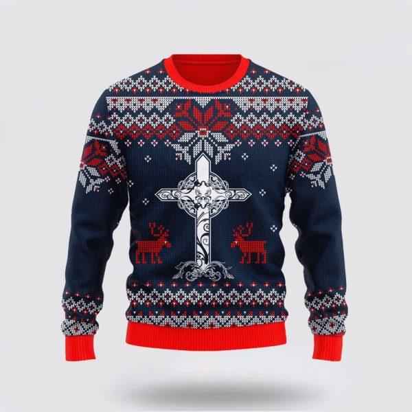 Christian Ugly Christmas Sweater, Dark Blue Christian Cross Reindeer Ugly Christmas Sweater, Religious Christmas Sweaters