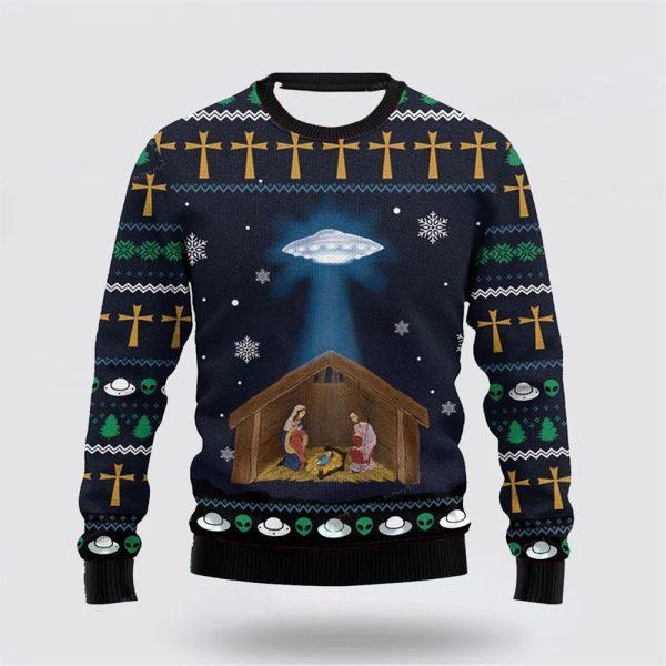 Christian Ugly Christmas Sweater, Fun Spaceship Jesus Print Ugly Christmas Sweater, Religious Christmas Sweaters