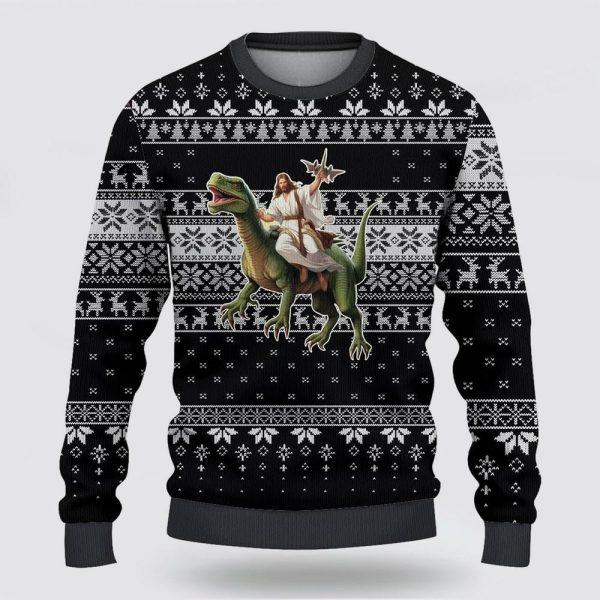 Christian Ugly Christmas Sweater, Jesus Riding A Dinosaur Picture Ugly Christmas Sweater, Religious Christmas Sweaters