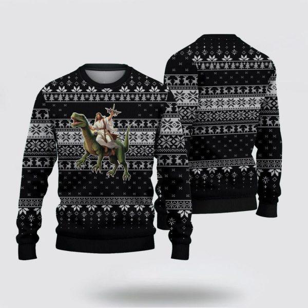 Christian Ugly Christmas Sweater, Jesus Riding A Dinosaur Picture Ugly Christmas Sweater, Religious Christmas Sweaters