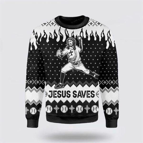 Christian Ugly Christmas Sweater, Jesus Saves Baseball Ugly Christmas Sweater, Religious Christmas Sweaters