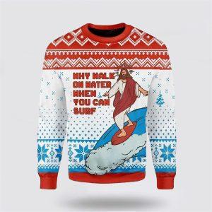 Christian Ugly Christmas Sweater, Jesus Surfing Womens…