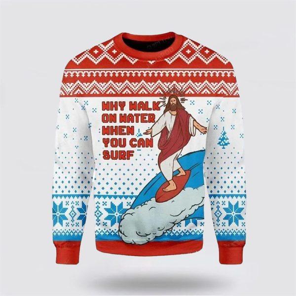 Christian Ugly Christmas Sweater, Jesus Surfing Womens Ugly Christmas Sweater, Religious Christmas Sweaters