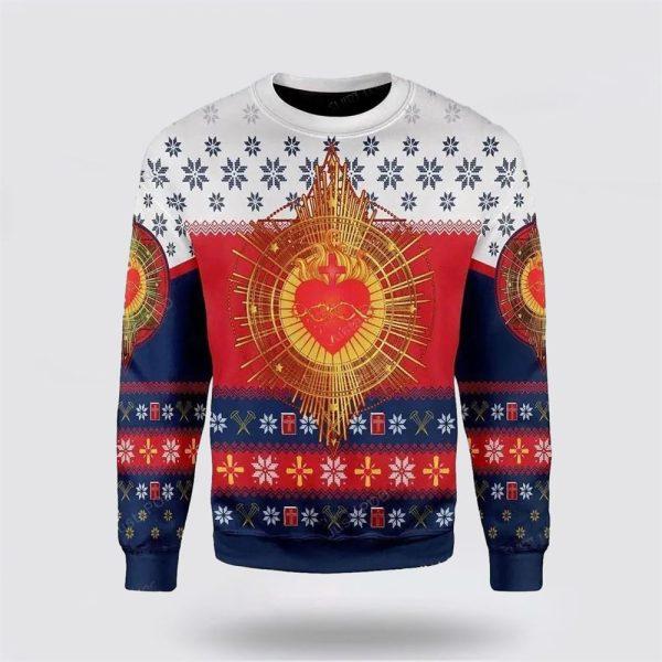 Christian Ugly Christmas Sweater, Sacred Heart Jesus Lovers Ugly Christmas Sweater, Religious Christmas Sweaters