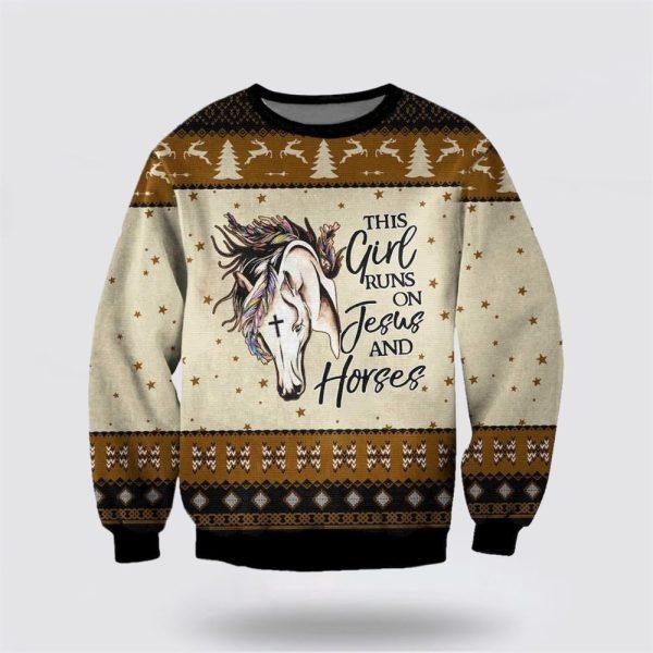 Christian Ugly Christmas Sweater, The Girl Runs On Jesus And Horses Christmas Ugly Christmas Sweater, Religious Christmas Sweaters