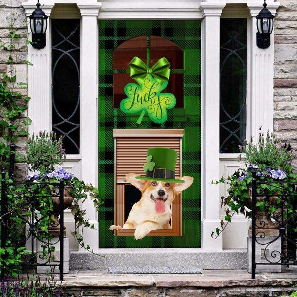 Christmas Door Cover, Ample Luck A Corgi Green St, Patrick’s Shamrock Door Cover, Christmas Gift For Dog Lover